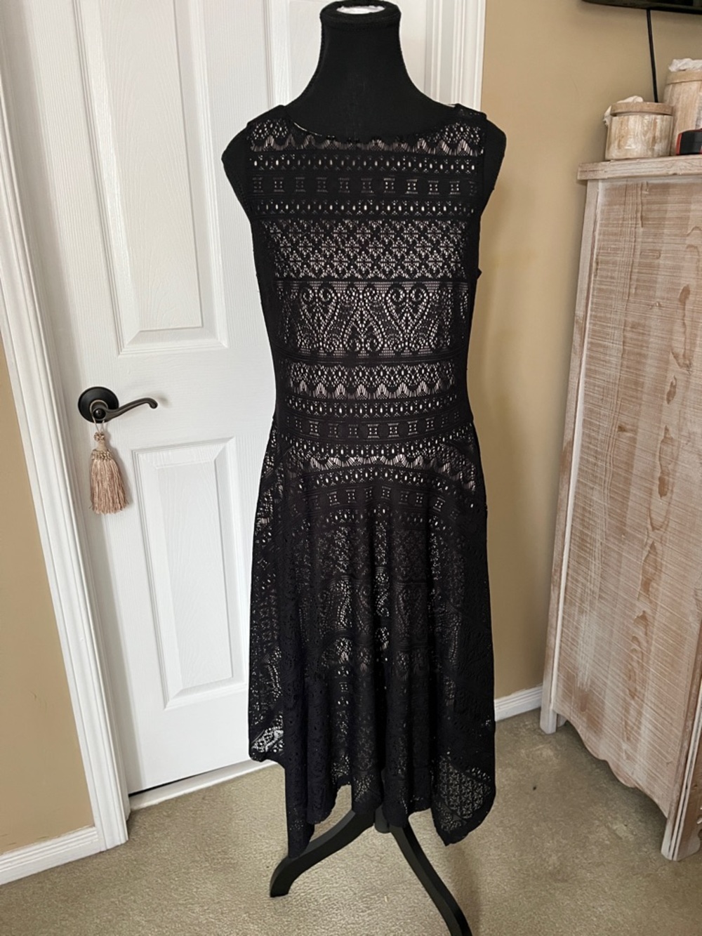 London Times Black Asymmetrical Lace Dress, Size 10